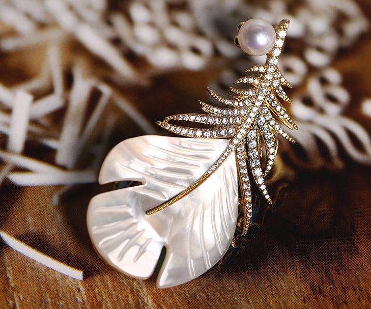 Feather Natural Freshwater White Pearl Brooch, Handmade Gold Plated Feather Brooch, Mother of Pearl, Anniversary Gift Idea, Gift for Mom Etsy