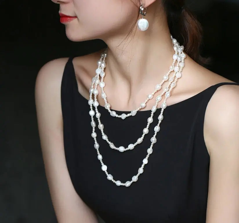 Natural High Luster Baroque Beaded Pearl Necklace, Silver 925 Handmade Long Necklace, Knitwear Necklace Anniversary Gift Idea Etsy