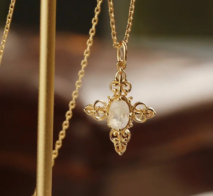 Natural Moonstone Carved Necklace, 18k Solid Yellow Gold Handmade Necklace, Lace Necklace, Gift for Her, Anniversary Gift Idea Retro Jewelry Etsy