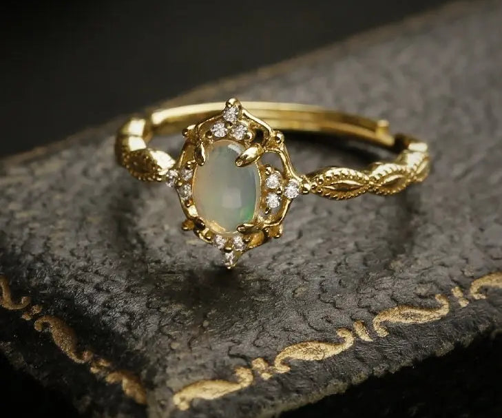 Cabochon Opal & White Diamonds Ring, 18K Solid Yellow Gold Handmade  Ring, October Birthstone, Gift for Her, Anniversary Gift, Fine Jewelry - LaCorserArtJewelry