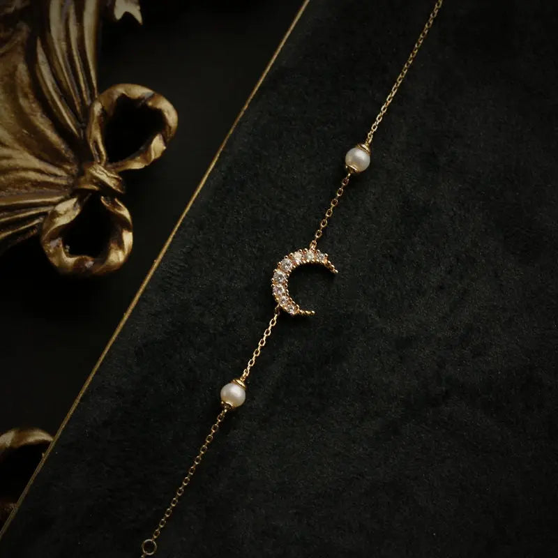 Moon White Diamond & Pearls Bracelets, 18k Solid Yellow Gold Handmade Bracelets, Freshwater Pearl, Anniversary Gift Idea, Gift for Her Etsy