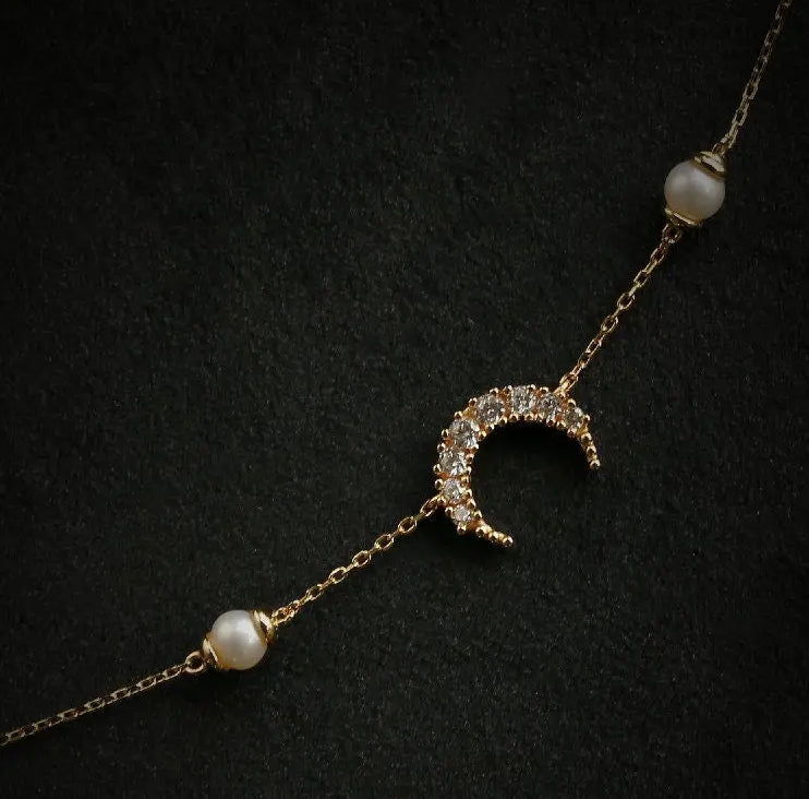 Moon White Diamond & Pearls Bracelets, 18k Solid Yellow Gold Handmade Bracelets, Freshwater Pearl, Anniversary Gift Idea, Gift for Her Etsy