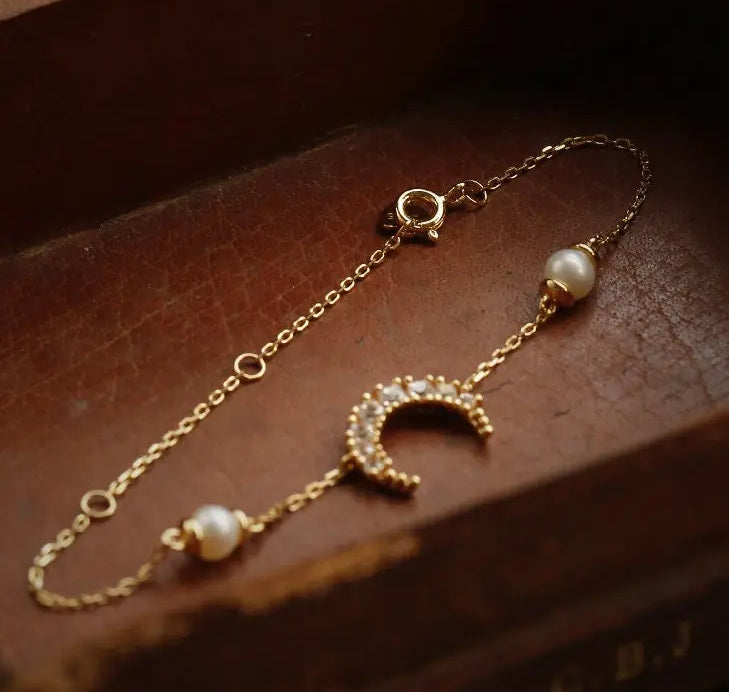 Moon White Diamond & Pearls Bracelets, 18k Solid Yellow Gold Handmade Bracelets, Freshwater Pearl, Anniversary Gift Idea, Gift for Her Etsy