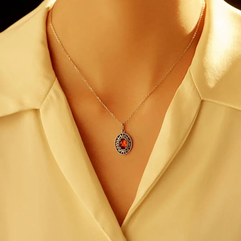 Natural Spessartite Carved Necklace, Silver 925 Handmade Necklace, Orange Garnet Necklace, Gift for Her, Anniversary Gift Fine Jewelry - LaCorserArtJewelry