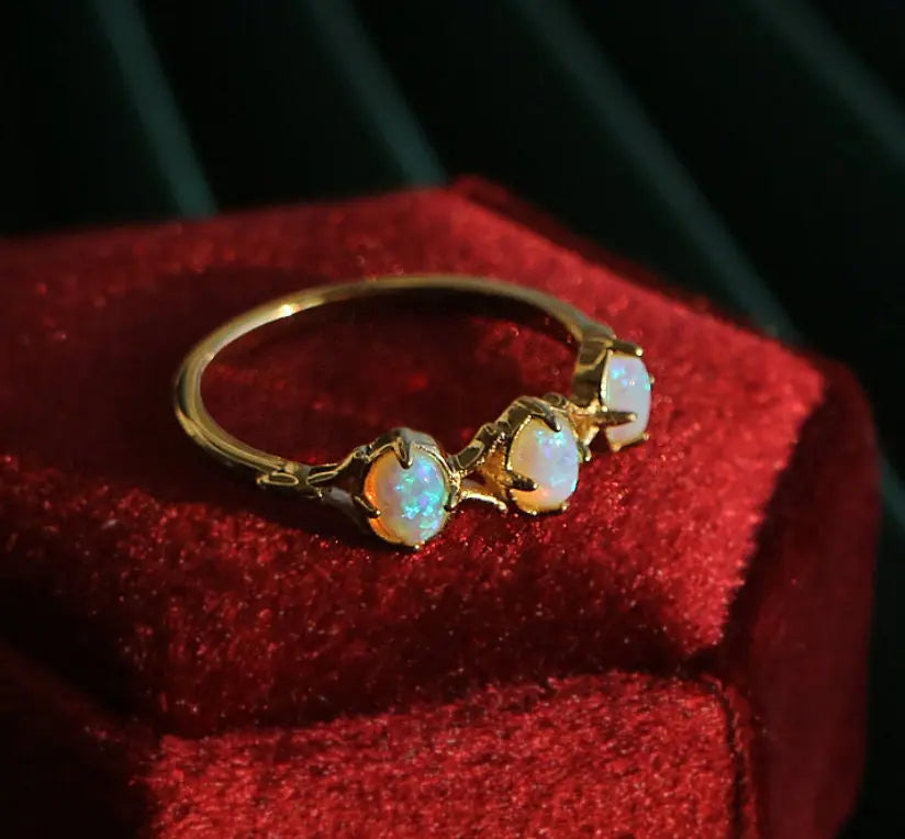 Three Opal Ring, 18K Solid Yellow Gold Handmade Ring, Horizontal Ring, October Birthstone, Gift for Her, Anniversary Gift, Fine Jewelry - LaCorserArtJewelry