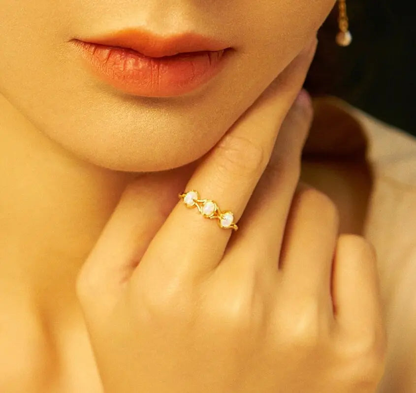Three Opal Ring, 18K Solid Yellow Gold Handmade Ring, Horizontal Ring, October Birthstone, Gift for Her, Anniversary Gift, Fine Jewelry - LaCorserArtJewelry