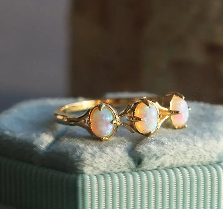 Three Opal Ring, 18K Solid Yellow Gold Handmade Ring, Horizontal Ring, October Birthstone, Gift for Her, Anniversary Gift, Fine Jewelry - LaCorserArtJewelry