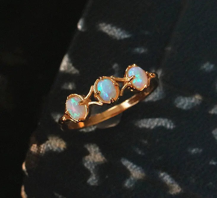 Three Opal Ring, 18K Solid Yellow Gold Handmade Ring, Horizontal Ring, October Birthstone, Gift for Her, Anniversary Gift, Fine Jewelry - LaCorserArtJewelry