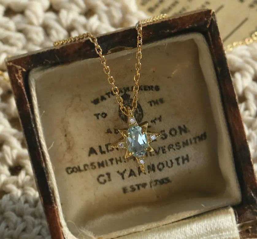 Natural Blue Topaz & White Diamond Necklace, Handmade 18K Solid Yellow Gold Necklace, Polaris Necklace, Gift for Her, Anniversary Gift Idea Etsy