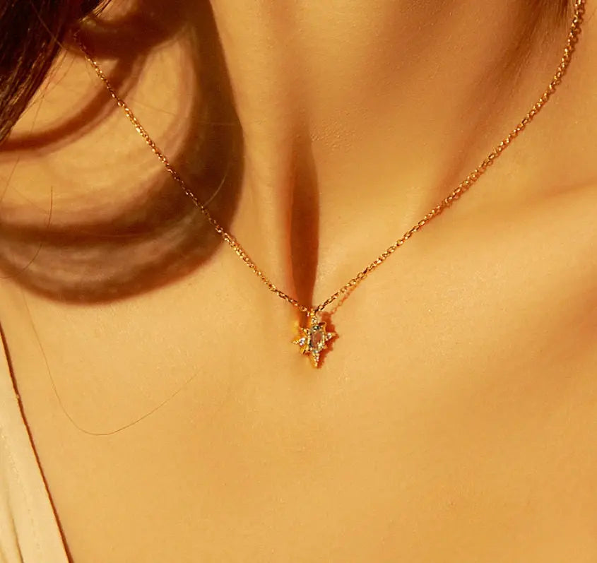 Natural Blue Topaz & White Diamond Necklace, Handmade 18K Solid Yellow Gold Necklace, Polaris Necklace, Gift for Her, Anniversary Gift Idea Etsy