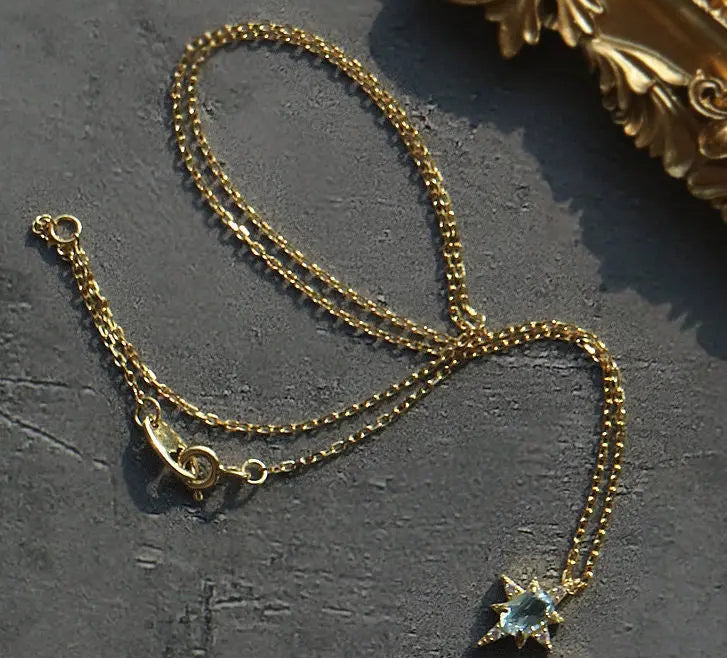 Natural Blue Topaz & White Diamond Necklace, Handmade 18K Solid Yellow Gold Necklace, Polaris Necklace, Gift for Her, Anniversary Gift Idea Etsy