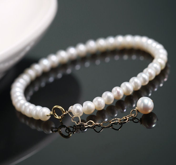 Natural Freshwater Pearl Bracelet - 4mm Oval Beads in Yellow Gold Fill Etsy
