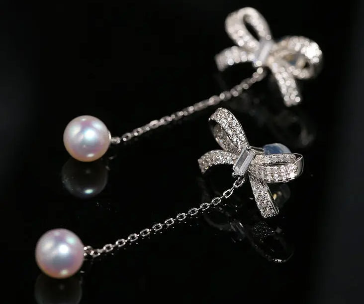 8mm Natural High Luster Pearl Earrings, Handmade Silver 925 Earrings, Freshwater White Pink Pearl Bowknot Earrings, Anniversary Gift Idea Etsy