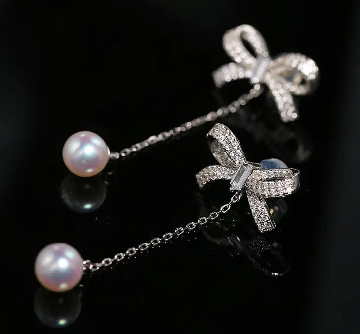 8mm Natural High Luster Pearl Earrings, Handmade Silver 925 Earrings, Freshwater White Pink Pearl Bowknot Earrings, Anniversary Gift Idea Etsy