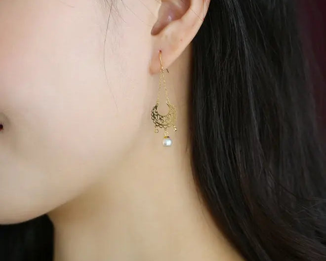 Oriental Design Akoya Pearl Earrings - 18K Yellow Gold Etsy