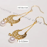Mystery Symbol 18K Earrings, Natural Akoya Pearl Earrings, 18k Solid Yellow Gold Earring, Seawater White Pearl Earrings, Hollow Out Earrings Etsy