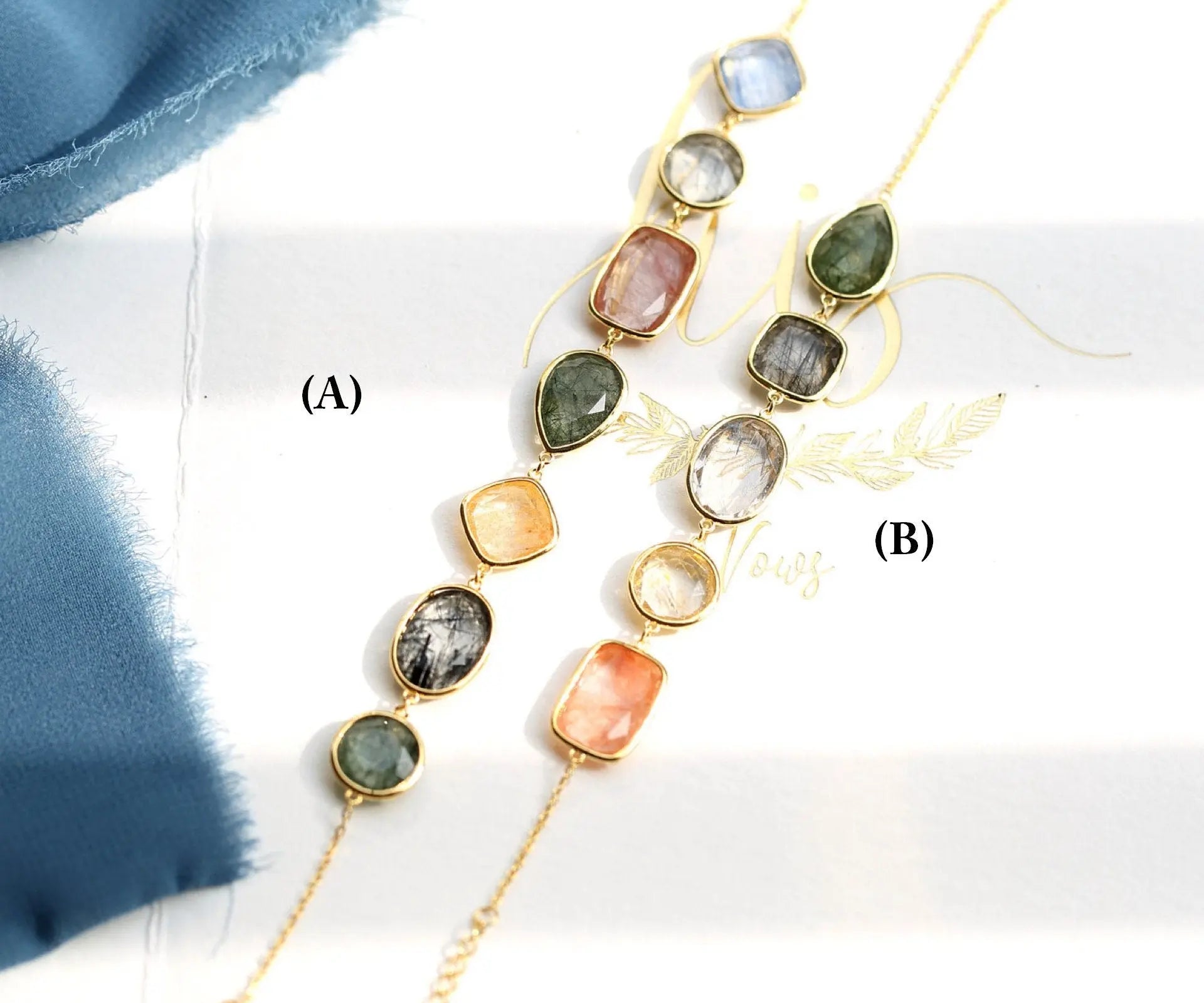 Natural Actinolite Tourmalinated Rutilated Quartz Bracelet, Handmade 18k Gold Vermail Bracelet, Anniversary Gift Idea Retro Jewelry - LaCorserArtJewelry