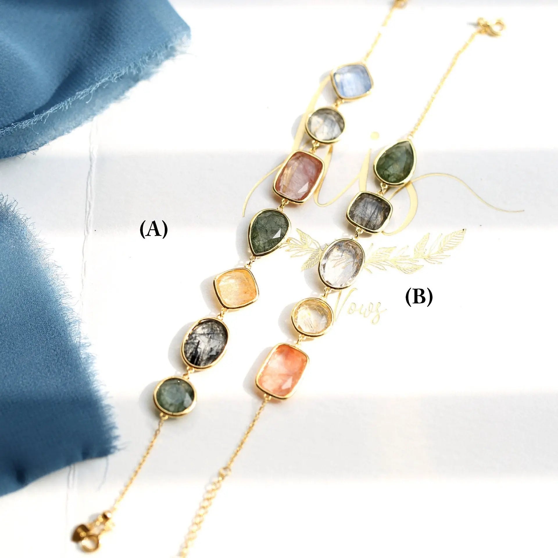 Natural Actinolite Tourmalinated Rutilated Quartz Bracelet, Handmade 18k Gold Vermail Bracelet, Anniversary Gift Idea Retro Jewelry - LaCorserArtJewelry