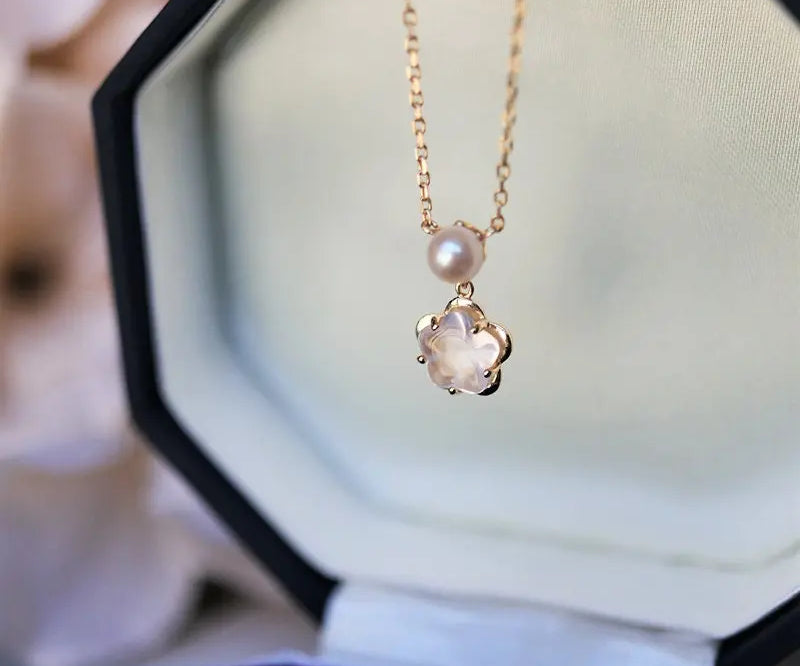 Sakura Pink Quartz & Pearl Necklace, Handmade 18K Solid Yellow Gold Open Necklace, Anniversary Gift Idea, Jewelry Set, Retro Fine Jewelry - LaCorserArtJewelry