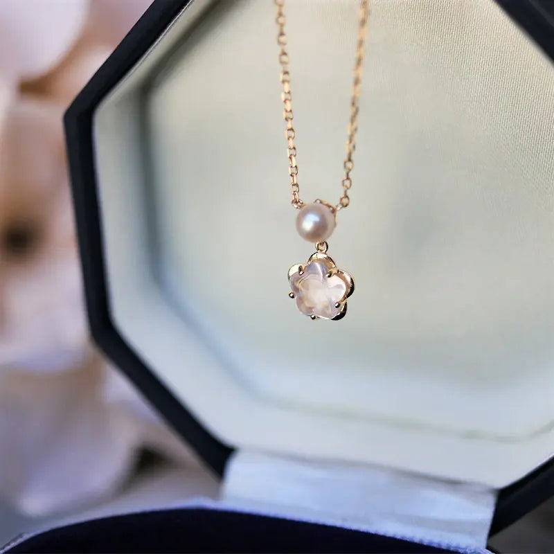 Sakura Pink Quartz & Pearl Jewelry Set, Handmade 18K Solid Yellow Gold Open Necklace, Anniversary Gift Idea, Jewelry Set, Retro Fine Jewelry Etsy