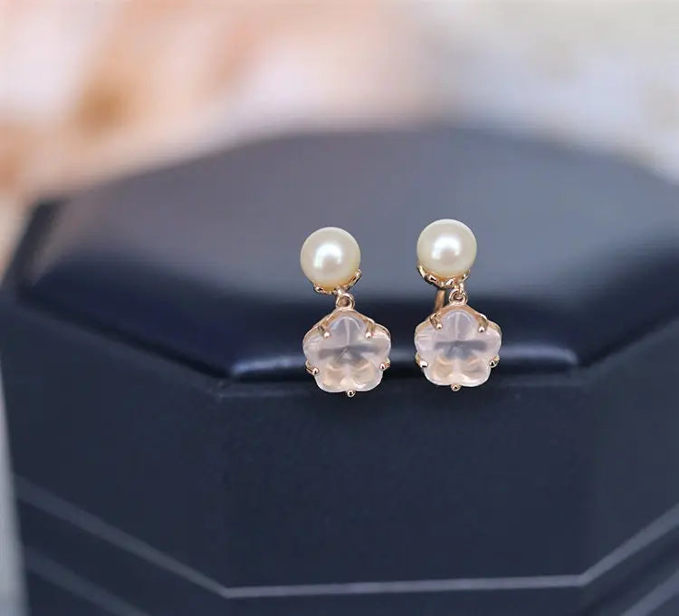 Sakura Pink Quartz & Pearl Jewelry Set, Handmade 18K Solid Yellow Gold Open Necklace, Anniversary Gift Idea, Jewelry Set, Retro Fine Jewelry Etsy