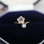Sakura Pink Quartz & Pearl Ring, Handmade 18K Solid Yellow Gold Open Ring, Anniversary Gift Idea, Jewelry Set, Retro Fine Jewelry Etsy