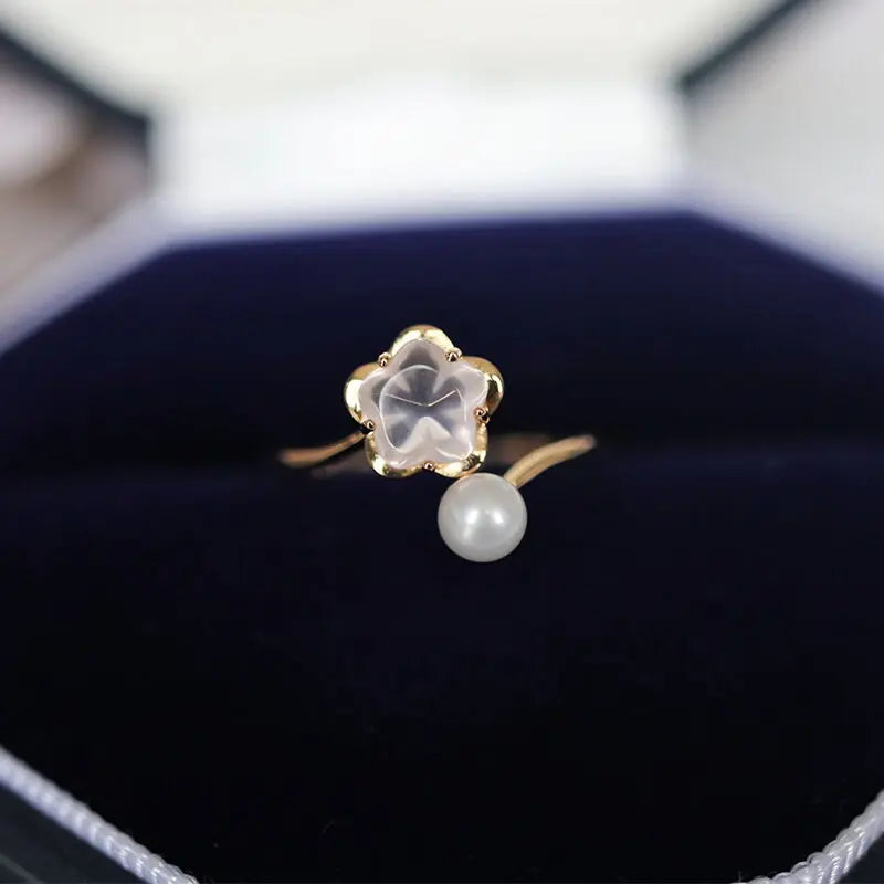 Sakura Pink Quartz & Pearl Ring, Handmade 18K Solid Yellow Gold Open Ring, Anniversary Gift Idea, Jewelry Set, Retro Fine Jewelry Etsy