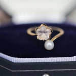 Sakura Pink Quartz & Pearl Ring, Handmade 18K Solid Yellow Gold Open Ring, Anniversary Gift Idea, Jewelry Set, Retro Fine Jewelry Etsy