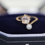 Sakura Pink Quartz & Pearl Ring, Handmade 18K Solid Yellow Gold Open Ring, Anniversary Gift Idea, Jewelry Set, Retro Fine Jewelry Etsy