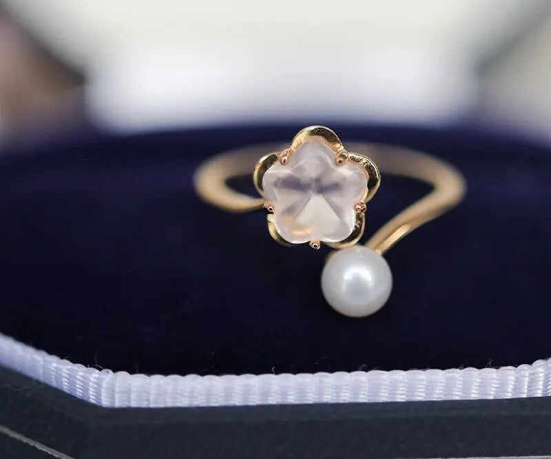Sakura Pink Quartz & Pearl Ring, Handmade 18K Solid Yellow Gold Open Ring, Anniversary Gift Idea, Jewelry Set, Retro Fine Jewelry Etsy