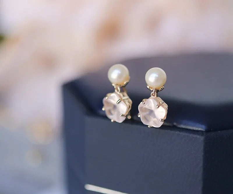 Sakura Pink Quartz & Pearl Earrings, Handmade 18K Solid Yellow Gold Open Earrings, Anniversary Gift Idea, Jewelry Set, Retro Fine Jewelry - LaCorserArtJewelry