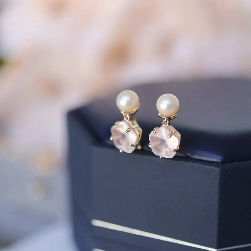 Sakura Pink Quartz & Pearl Jewelry Set, Handmade 18K Solid Yellow Gold Open Necklace, Anniversary Gift Idea, Jewelry Set, Retro Fine Jewelry Etsy