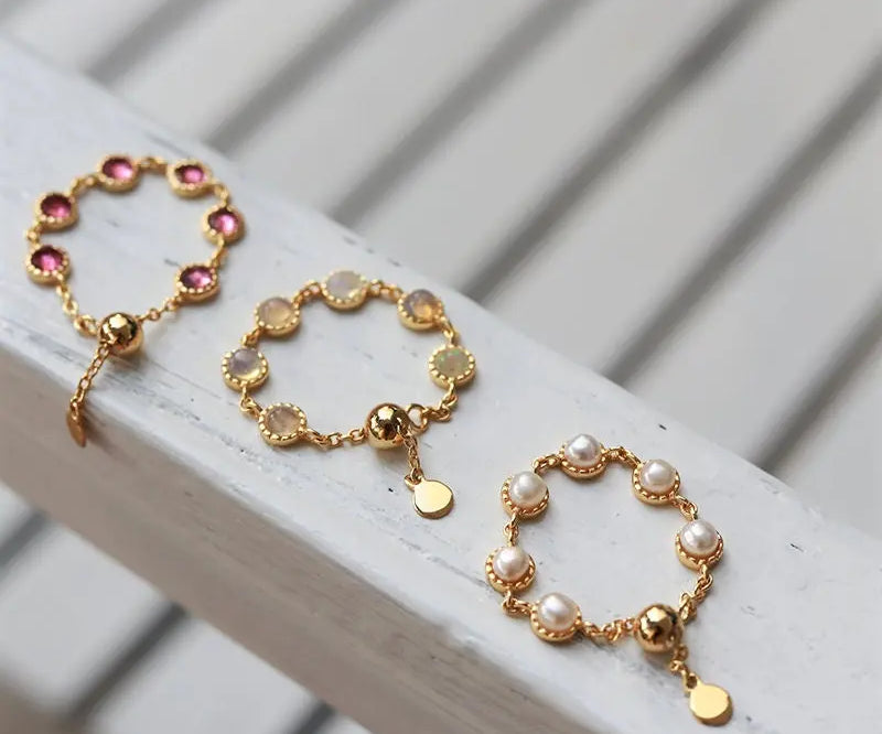 Natural Opal & Garnet Chain Ring, Handmade 18K Solid Yellow Gold Ring, October Birthstone, Gift for Her, Anniversary Gift Idea, Fine Jewelry Etsy