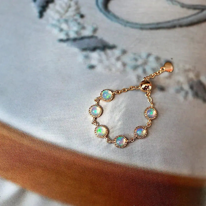 Natural Opal & Garnet Chain Ring, Handmade 18K Solid Yellow Gold Ring, October Birthstone, Gift for Her, Anniversary Gift Idea, Fine Jewelry Etsy