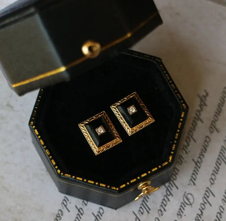 Natural Onyx & Moissanite Earrings, 18K Yellow Gold Plated Vermeil Earrings, Black Agate Earrings, Anniversary Gift Idea, Retro Jewelry Etsy
