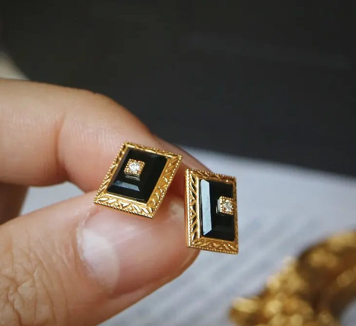 Natural Onyx & Moissanite Earrings, 18K Yellow Gold Plated Vermeil Earrings, Black Agate Earrings, Anniversary Gift Idea, Retro Jewelry Etsy