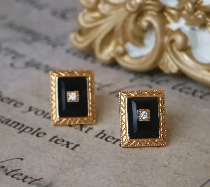 Natural Onyx & Moissanite Earrings, 18K Yellow Gold Plated Vermeil Earrings, Black Agate Earrings, Anniversary Gift Idea, Retro Jewelry Etsy
