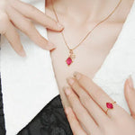 Natural Rubellite & White Diamond Necklace, Handmade 18K Solid Yellow Gold Necklace, Rubellite Ring Earrings, Anniversary Gift Idea - LaCorserArtJewelry