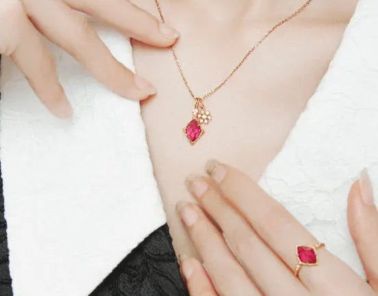 Natural Rubellite & White Diamond Necklace, Handmade 18K Solid Yellow Gold Necklace, Rubellite Ring Earrings, Anniversary Gift Idea - LaCorserArtJewelry
