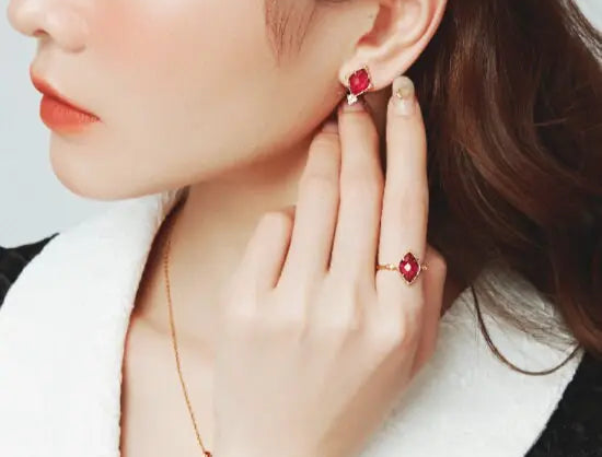 Natural Rubellite & White Diamond Earrings, Handmade 18K Solid Yellow Gold Earrings, Rubellite Ring Necklace, Anniversary Gift Idea - LaCorserArtJewelry
