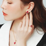 Natural Rubellite & White Diamond Necklace, Handmade 18K Solid Yellow Gold Necklace, Rubellite Ring Earrings, Anniversary Gift Idea - LaCorserArtJewelry