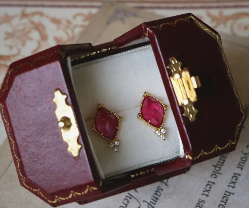 Natural Rubellite & White Diamond Earrings, Handmade 18K Solid Yellow Gold Earrings, Rubellite Ring Necklace, Anniversary Gift Idea - LaCorserArtJewelry