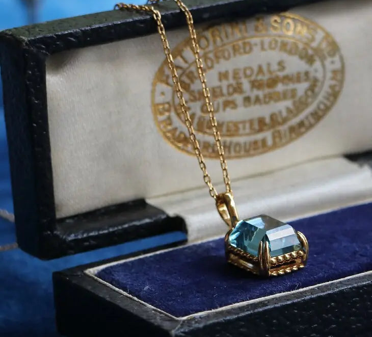 Swiss Blue Topaz Step Cut Necklace, Handmade 18K Solid Yellow Gold Necklace, Statue Necklace, Gift for Her, Anniversary Gift Idea Etsy