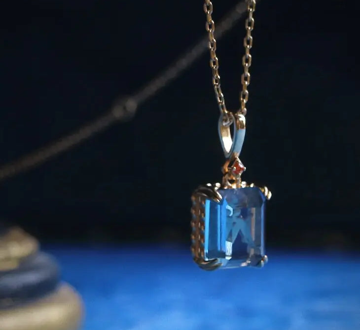 Swiss Blue Topaz Step Cut Necklace, Handmade 18K Solid Yellow Gold Necklace, Statue Necklace, Gift for Her, Anniversary Gift Idea Etsy
