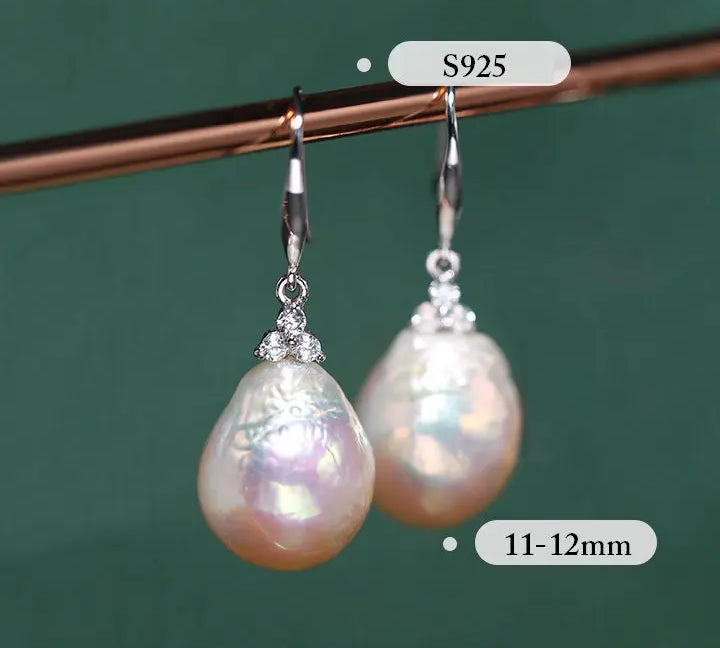 4A+ Natural High Luster Baroque Pearl Earrings, Handmade Silver 925 White Pearl Earrings, Freshwater Pearl Disc Earrings Gift for Her - LaCorserArtJewelry