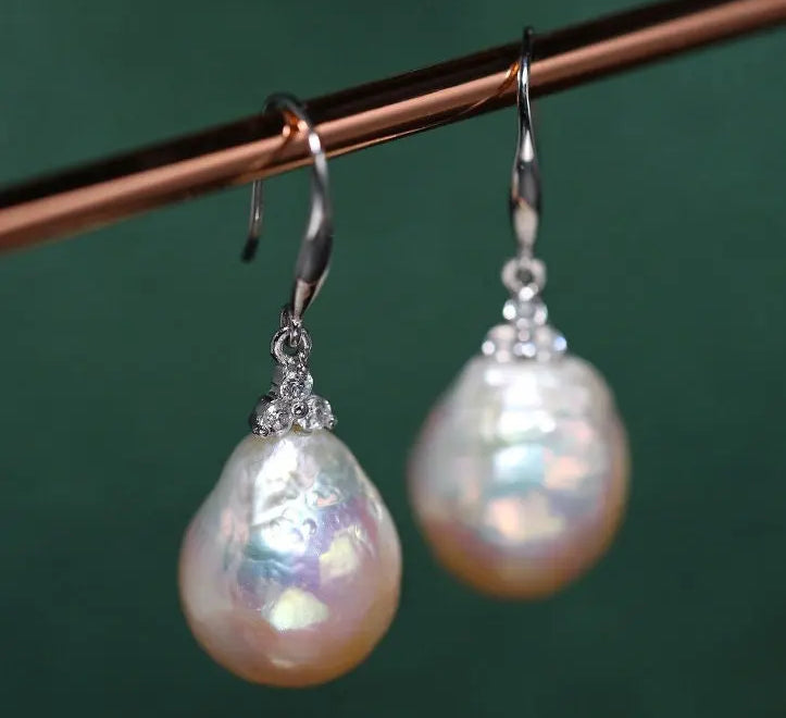 4A+ Natural High Luster Baroque Pearl Earrings, Handmade Silver 925 White Pearl Earrings, Freshwater Pearl Disc Earrings Gift for Her - LaCorserArtJewelry