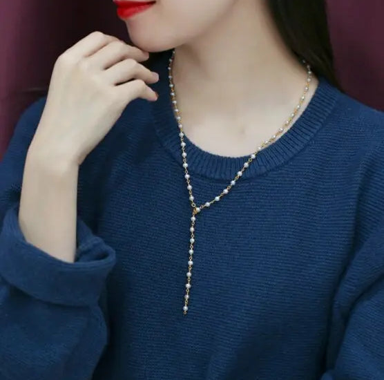 5mm Natural High Luster Pearls Necklace, 14K Gold Filled White Pearl Long Knitwear Necklace, Anniversary Gift Idea, Two Layer Necklace Etsy