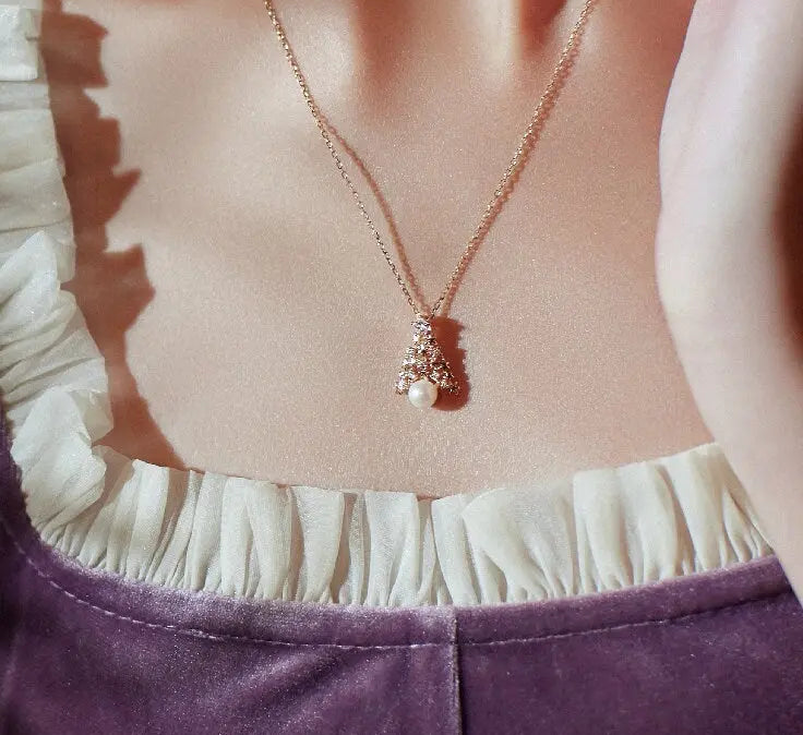 Christmas Tree Necklace, Freshwater White Pearl & White Diamond Necklace Handmade 18k Gold Plated Vermeil Necklace, Anniversary Gift Idea - LaCorserArtJewelry