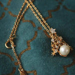 Christmas Tree Necklace, Freshwater White Pearl & White Diamond Necklace Handmade 18k Gold Plated Vermeil Necklace, Anniversary Gift Idea - LaCorserArtJewelry