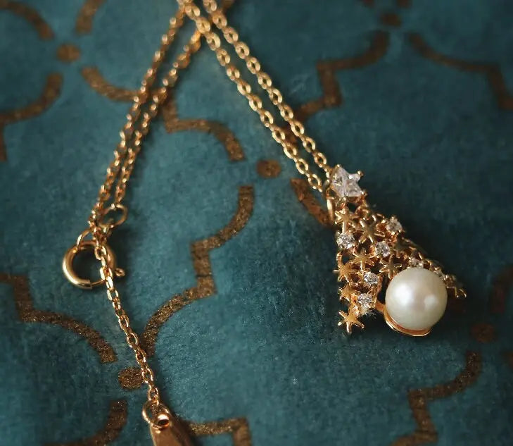 Christmas Tree Necklace, Freshwater White Pearl & White Diamond Necklace Handmade 18k Gold Plated Vermeil Necklace, Anniversary Gift Idea - LaCorserArtJewelry
